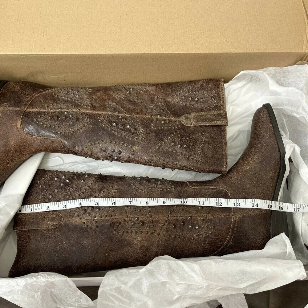 Frye Distressed Leather Pull-on Tall Shaft Studded Boots Cowboy